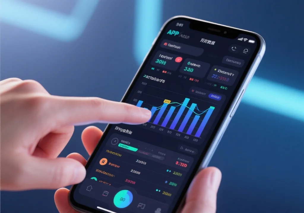 APP界面显示丰富的数据图表和历史记录，用户用手指滑动屏幕查看详细数据，界面现代科技感